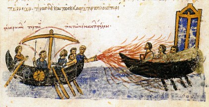 Greek Fire used against the Rus fleet's invasion, 941, Madrid Skylitzes