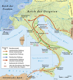Map of Justinian I's wars in Italy