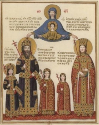 Manuel II Palaiologos and his wife Helena Dragaš with their children including John VIII (left), Byzantine eagles on the robes of the 2 children Theodore and Andronikos (centre)