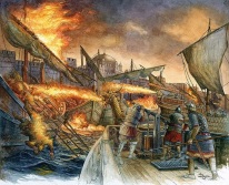 Greek Fire fired from Byzantine ships