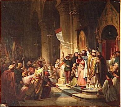Leaders of the 4th Crusade join together (Boniface I of Montferrat raises his flag)