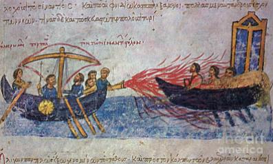 Byzantine Navy in the Madrid Skylitzes attacks Arab fleet