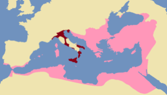 Byzantine Exarchate of Ravenna (dark red), Byzantine Empire (pink)