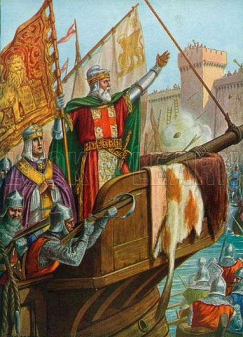 Doge Enrico Dandolo leads the Venetian fleet in attacking Constantinople, 1203