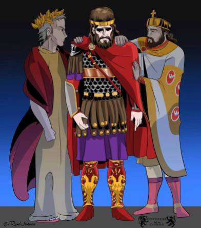 Constantine XI joins the ghosts of Augustus Caesar (left) and Constantine the Great (right)