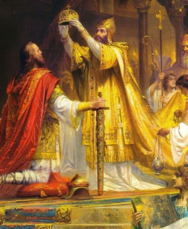 Pope Leo III crowns Charlemagne Holy Roman Emperor in 800
