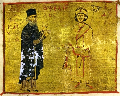 Chronicler Michael Psellos (left) and Emperor Michael VII (right)