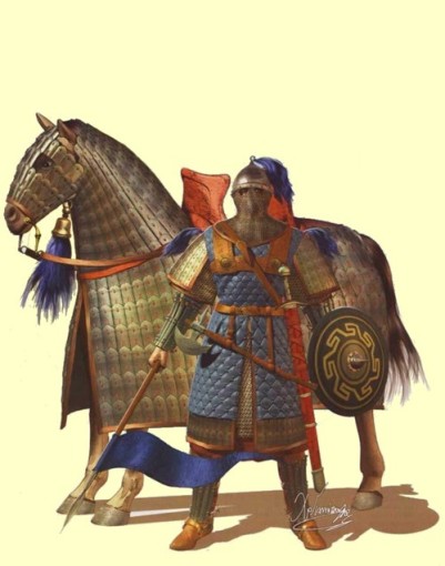 Cataphract in full armor including Epilorikon and Kontarion spear