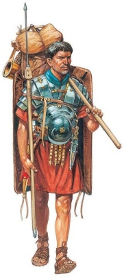 Roman legionnaire carries his equipment