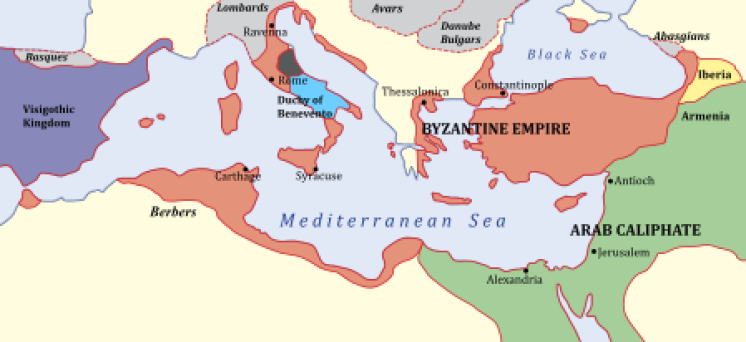 Map of the Byzantine Empire (orange) at Heraclius' death, 641