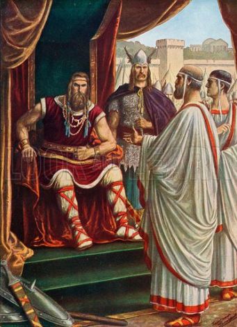 Alaric I, King of the Visigoths (r. 395-410) and his brother-in-law Athaulf (right)