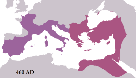 The Western Roman Empire (purple) under Majorian in 460