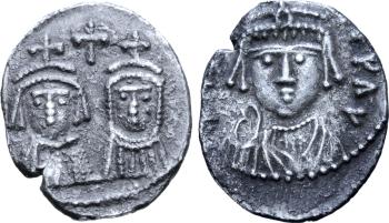 Coin of Emperor Maurice (left) with his wife Constantia and son Theodosius (right)