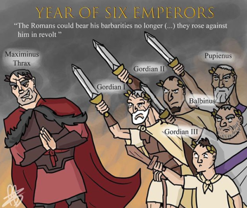 238, year of the 6 emperors- Maximinus Thrax, Gordian I and II, Pupienus and Balbinus, and Gordian III