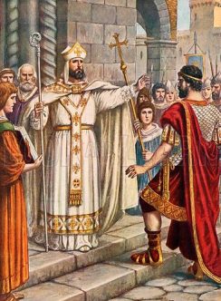 St. Ambrose bishop of Milan (left) confronts Theodosius I