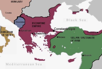 Byzantium (purple) at the beginning of Alexios I's reign