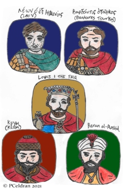 Story characters set3- Leo the Armenian, Bardanes Tourkos, Louis I the Fair, Khan Krum, Caliph Harun al-Rashid