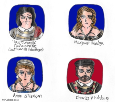 Story characters set1- Justinian III, Margaret Paleologa, Anne of Alencon, Charles V